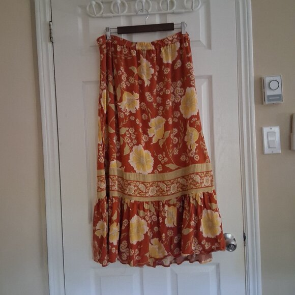 Cynthia Rowley Women's Size Large Burnt Orange Floral Bohemian Midi Skirt - Picture 2 of 12